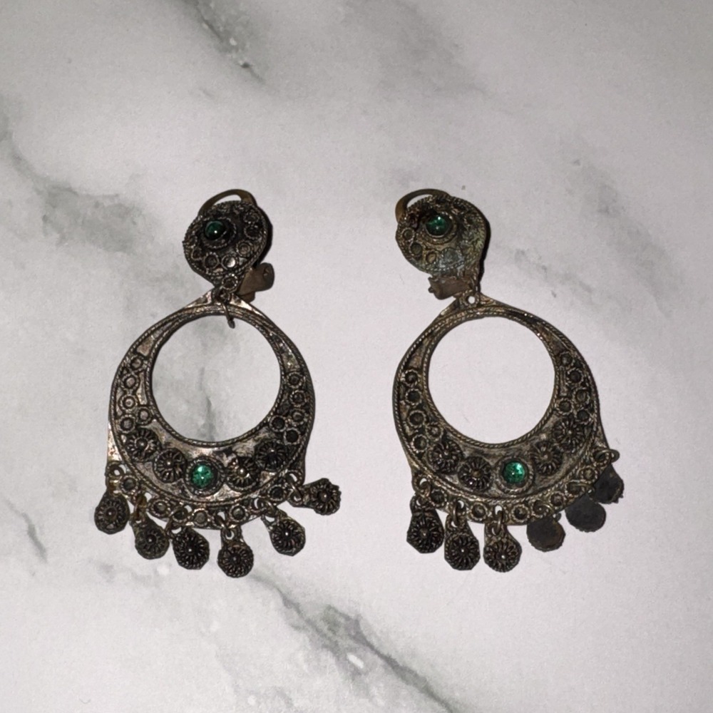 Vintage Boho Tribal Dangle Clip On Earrings Brass Green Glass Gypsy